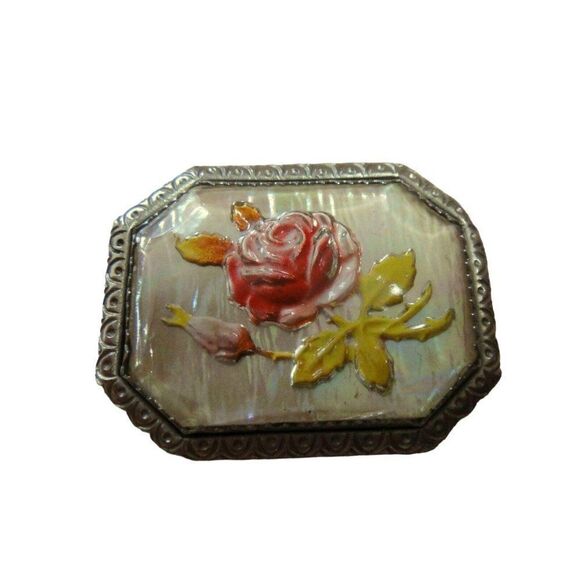 Rose Floral Etched Silver Border Handpainted Pin Octagon Brooch Vintage Estate - Picture 6 of 6